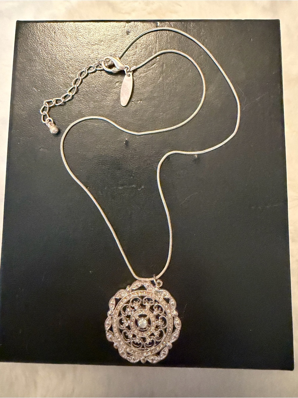 New York & Company Silver Filigree Crystal Pendant Necklace